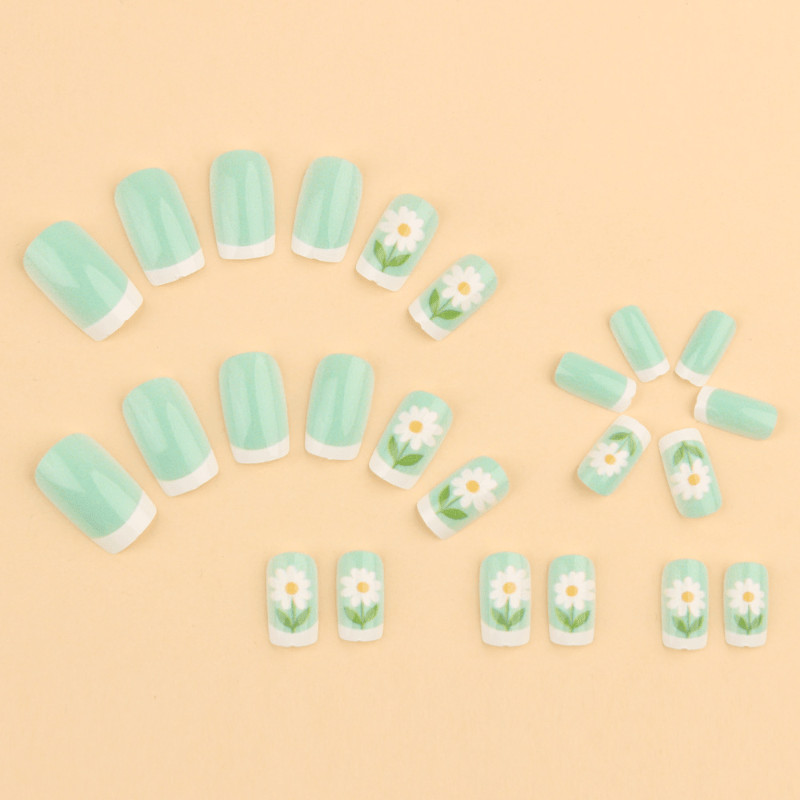 48p Short Square Press on Nails, Mint Green French Hand Paint Daisy Summer Nails