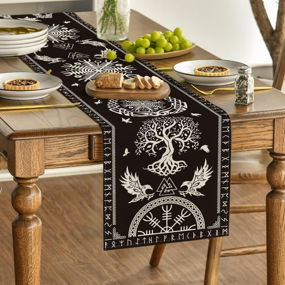 Black Viking Tree of Life Raven Helmet of Awe Table Runner, Seasonal Kitchen Din