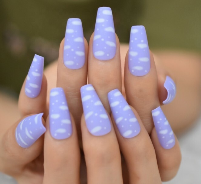 24pcs All Sizes light Purple Dreamy Cloud Design Fake Nails Press On Nails glue