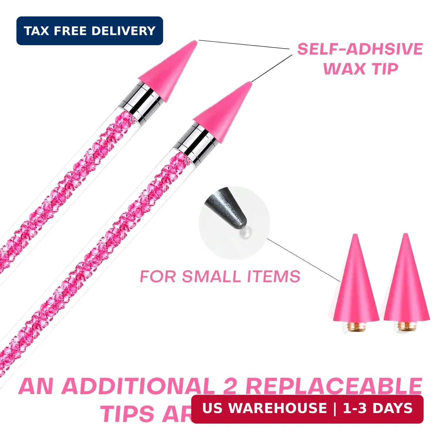 Pink Rhinestone Picker Tool Set – 2 Pcs Dual-Head Wax Pens with 2 Wax Tips and 2