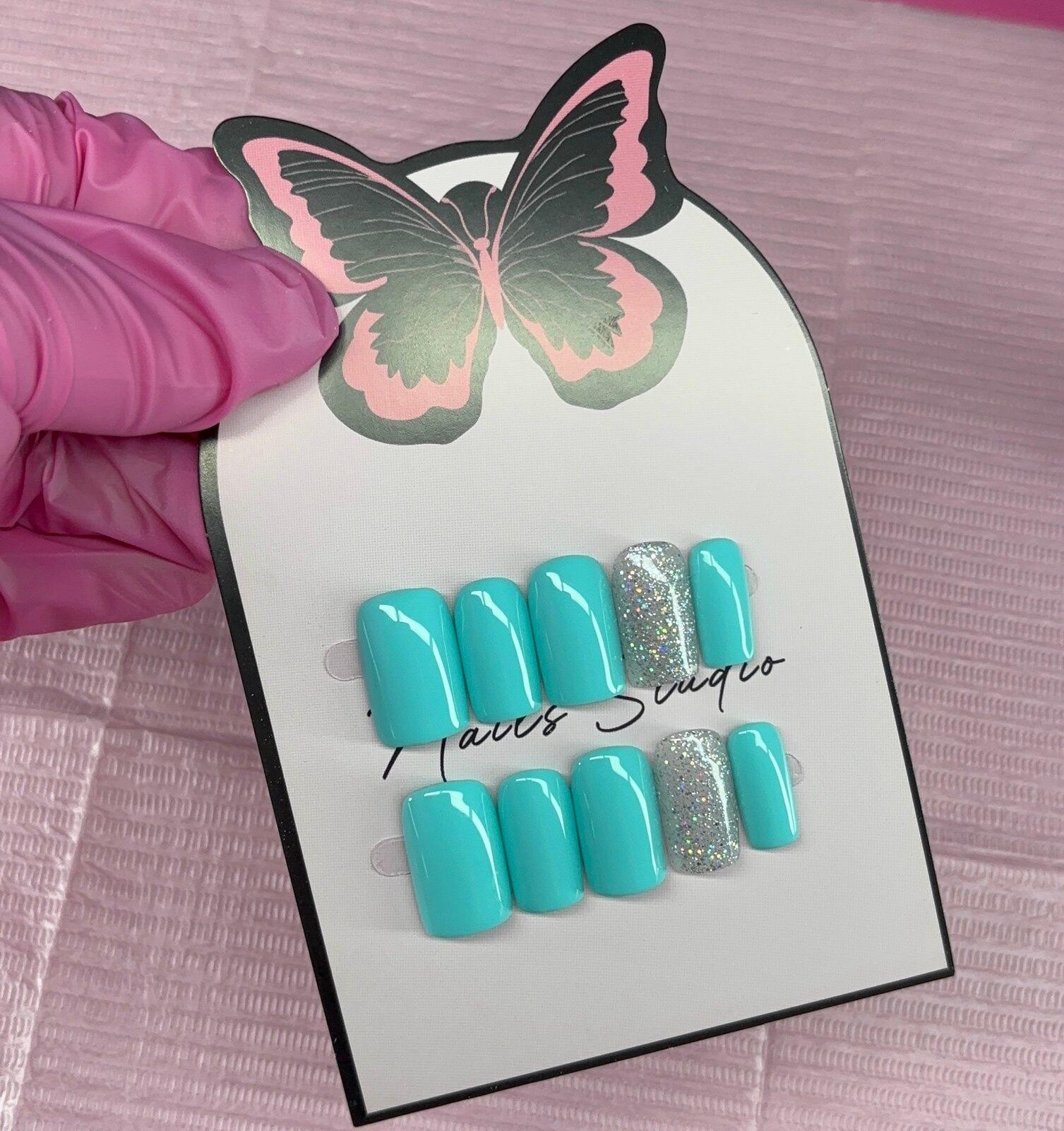 Short square Press on nails silver glitter teal light blue handmade custom gel