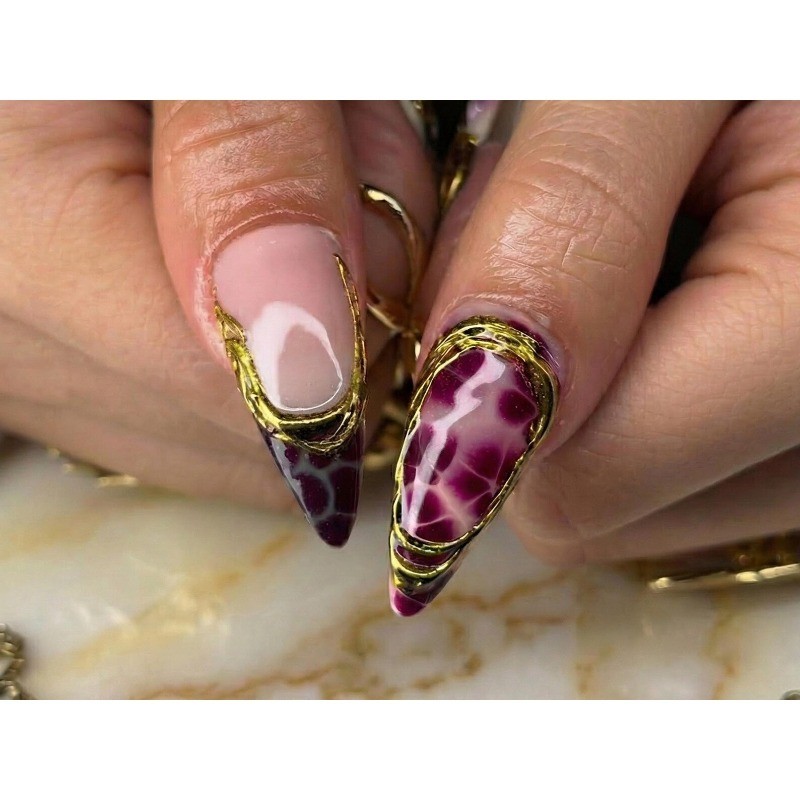 Cat Eye Jade Handmade Press on Nails Gold Metal Vintage Sheer Gloss Fake Nails