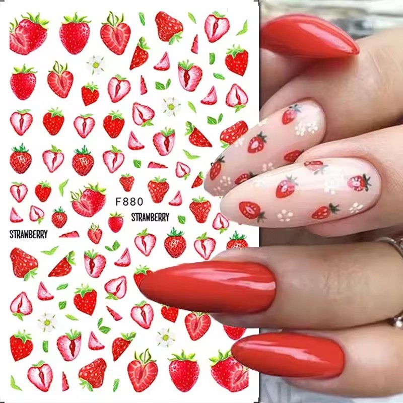 Nail Art 3D Decal Stickers juicy strawberry flower green leaf F880