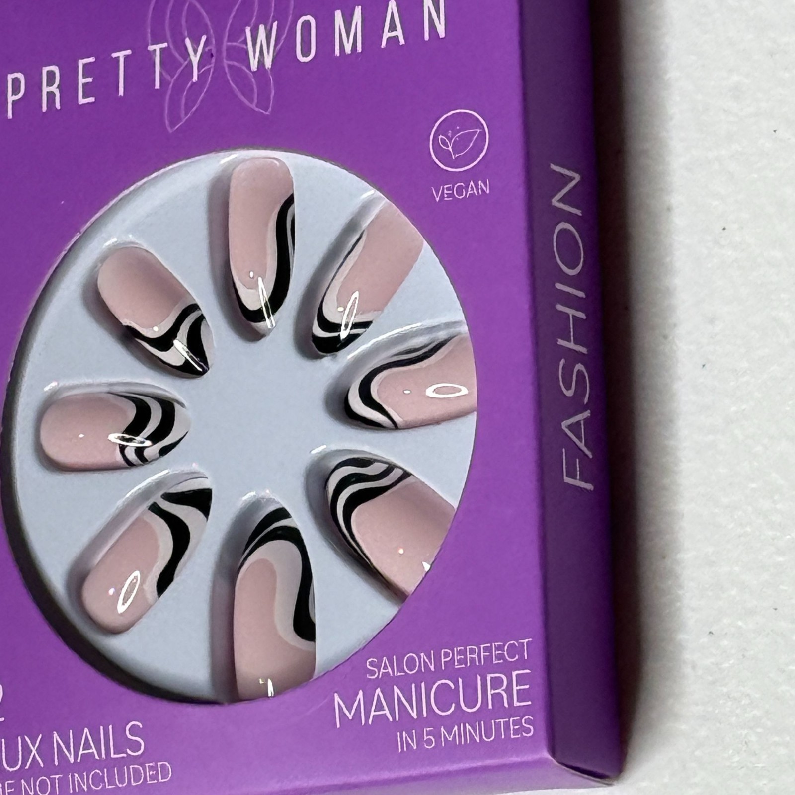Pretty Woman Faux Nails Pink Black Swirl 12pc Press On Nails Vegan