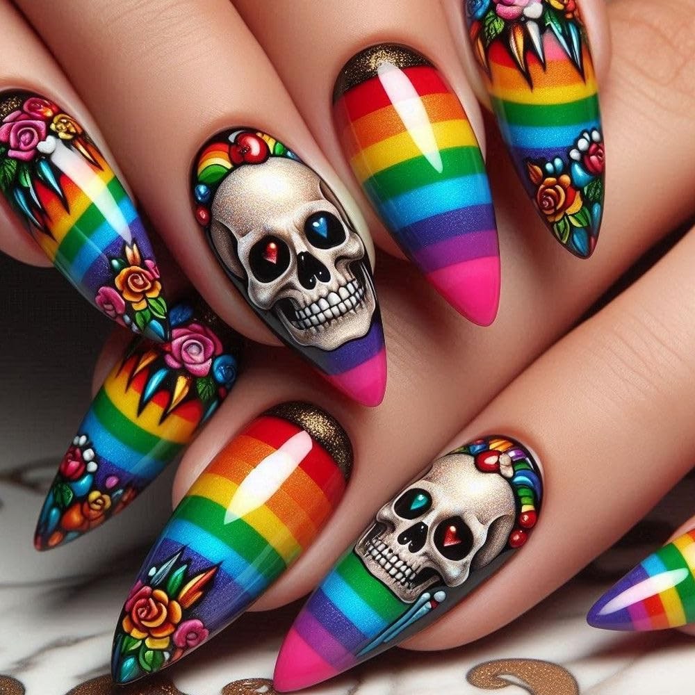 24Pcs Halloween Press on Nails Medium Almond Fake Nails Colorful Rainbow Skul…
