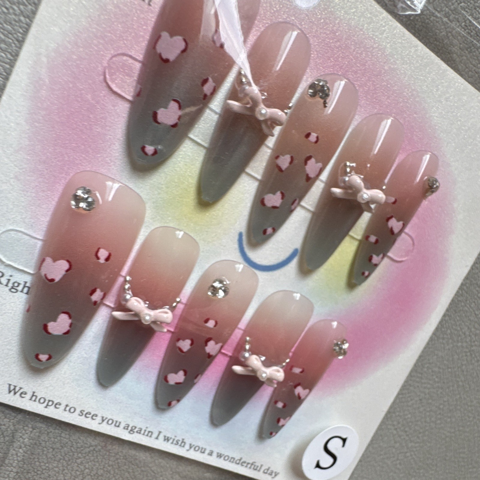 Press-On Nails Long Stiletto Pink/Gray Heart Theme 3D Full Cover Pre-Designed