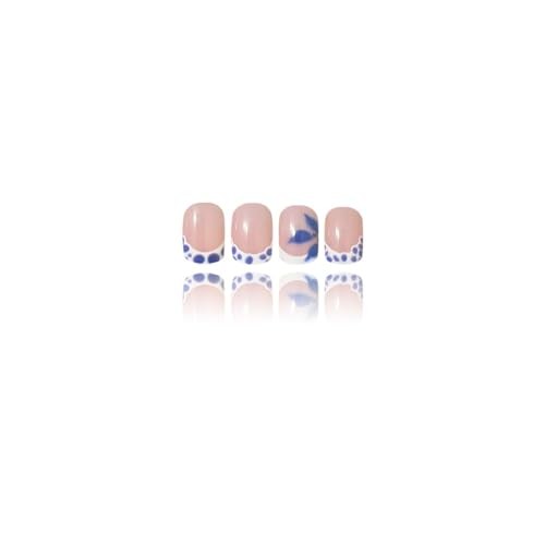 French Tips Press on Nails Short Square Nails Press on with Flower Pattern ST39