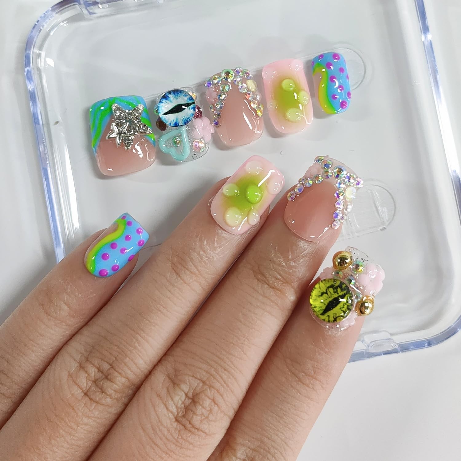 BRKYKGK Handmade Press On Nails Short Square 3D French Tip Thick Acrylic Fake