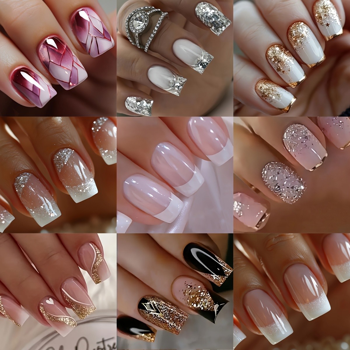 216p(9Pack) Assorted Press On Nails Glitter Gradient Geometric Wearable Nail Art