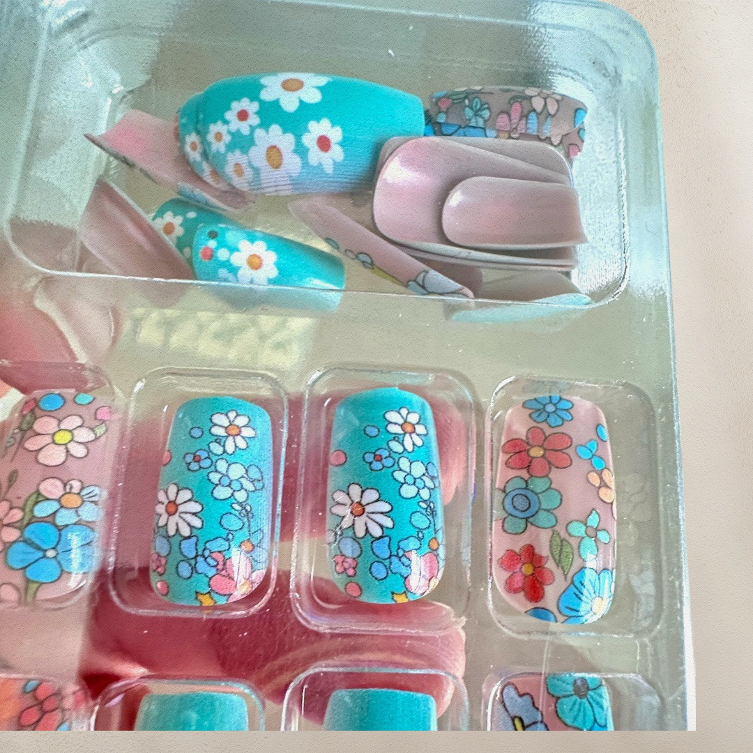 Spring Inspired Nail Art Press On , Blue With Mini Floral Prints, 24 pcs New