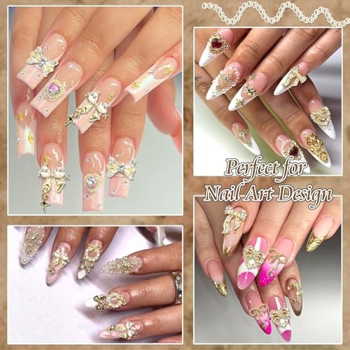 58PCS Bow Nail Charms Gold Charm for Nails Crystal Heart Bowknot Nail Art