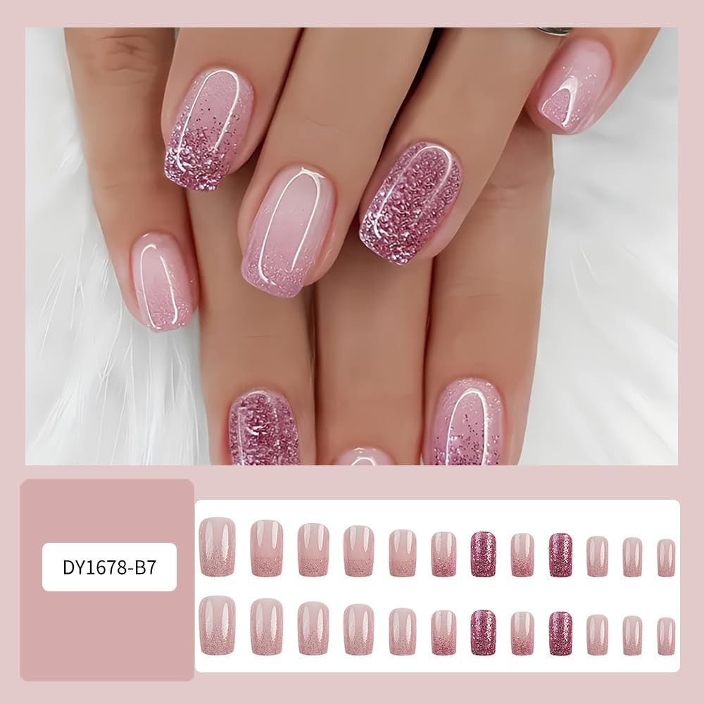 Glitter Ombre Press on Nails Short Square – WLGDLH Pink short, Color pink15
