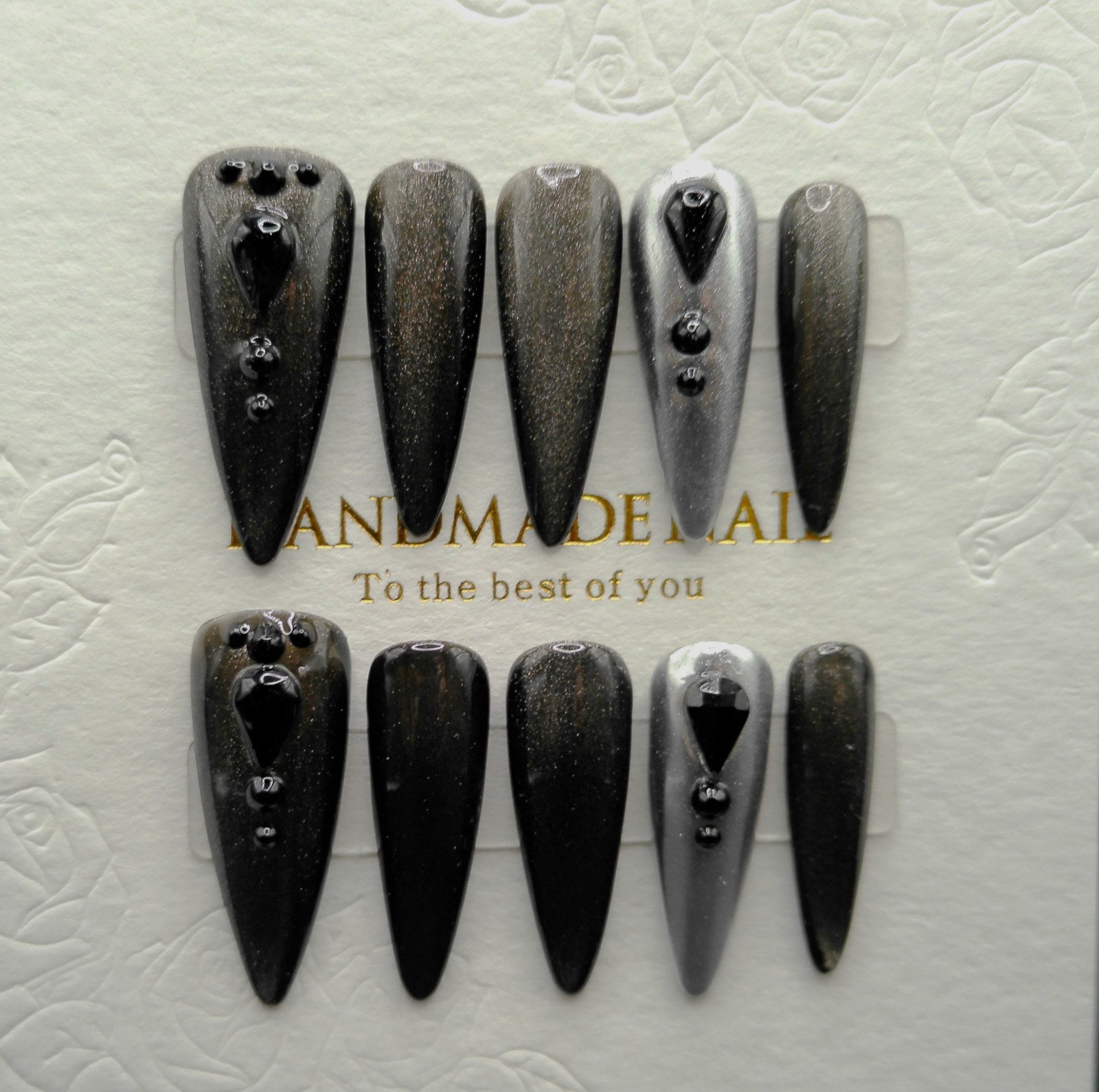 Cat Eye Black and Metallic Chrome Stiletto Press On Nails – Medium