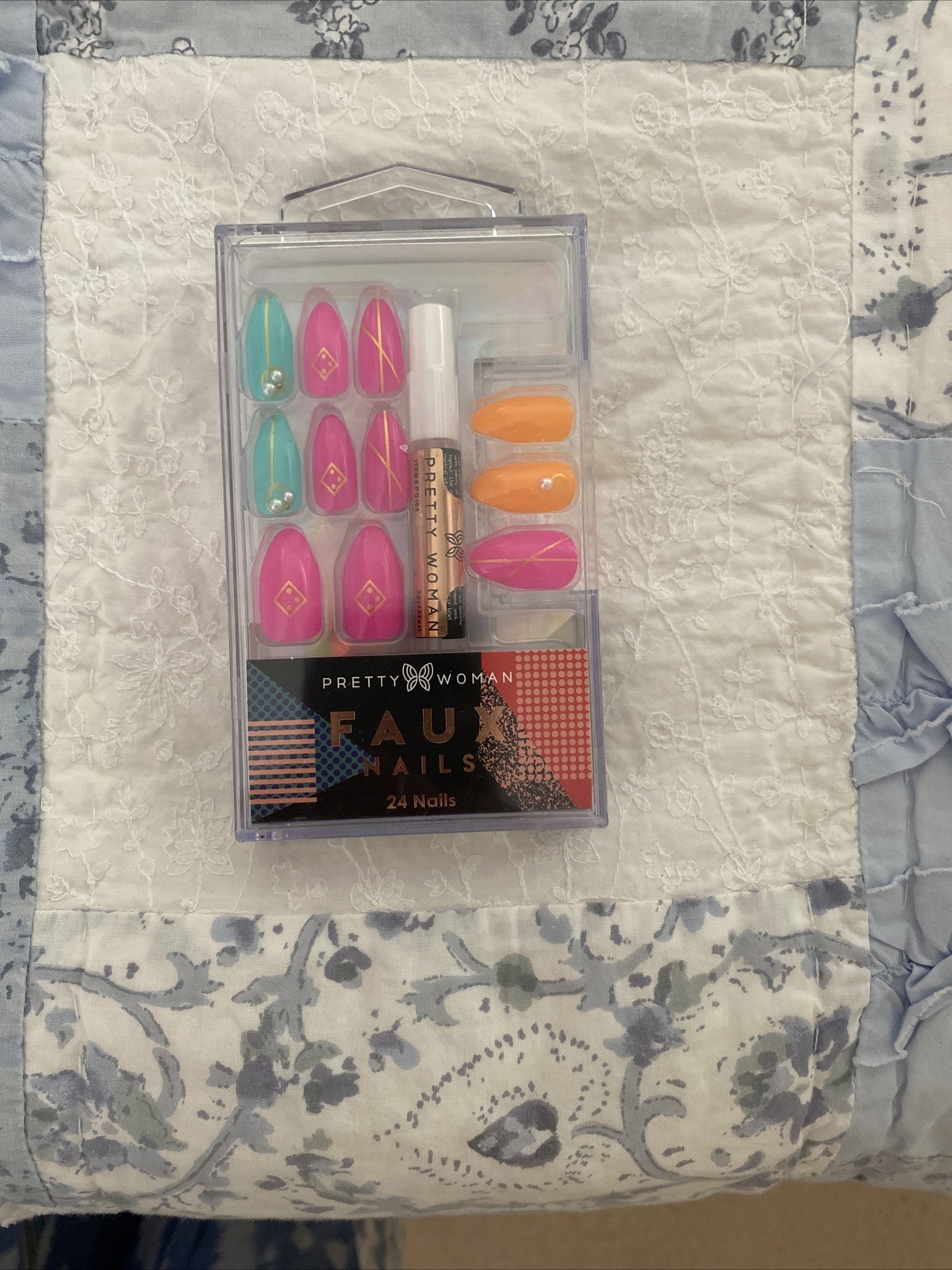 Pretty Woman Faux Nails Pink Teal Pearl Bling Glue On Almond Summer 24