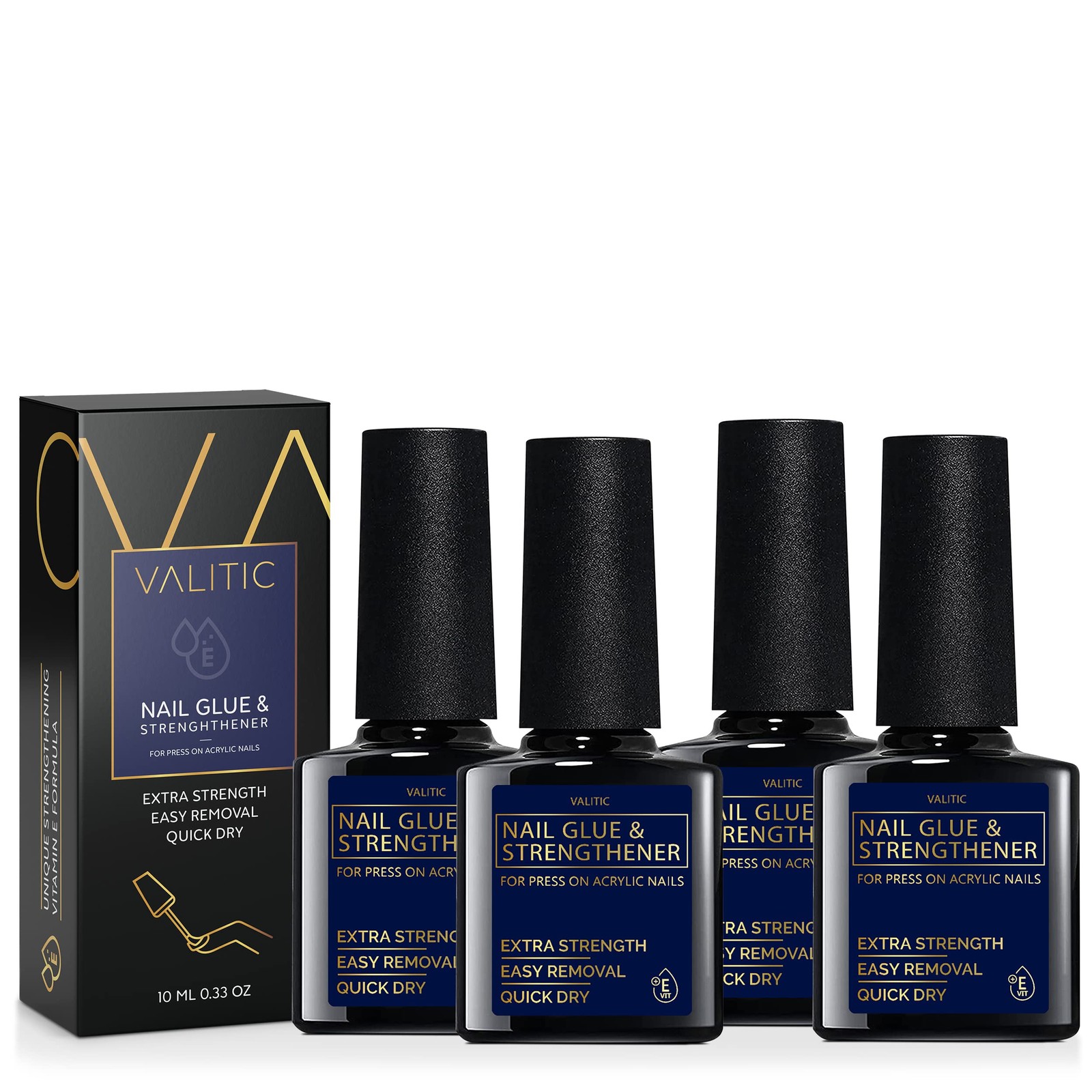 Valitic Strong Nail Glue and Strengthener for 0.33 Fl Oz (Pack of 4), Clear