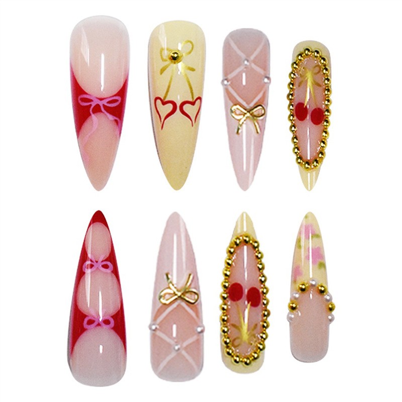 Sweet Cool Cherry Plaid Bow Press On Nails