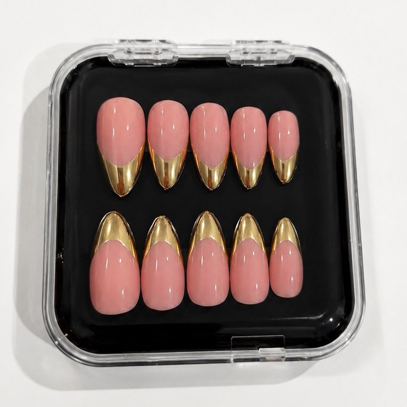 S Gold Chrome French Tip Press On Nails | Handmade Almond | Reusable |