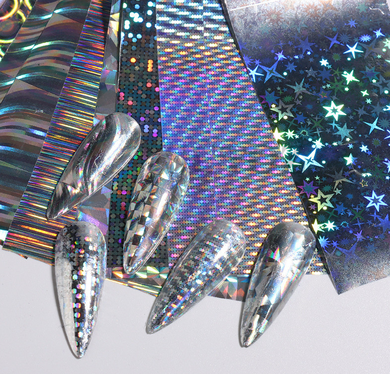 10Pcs Nail Art Foil Stickers laser Star Print Pattern Transfer Decals Tips NS54