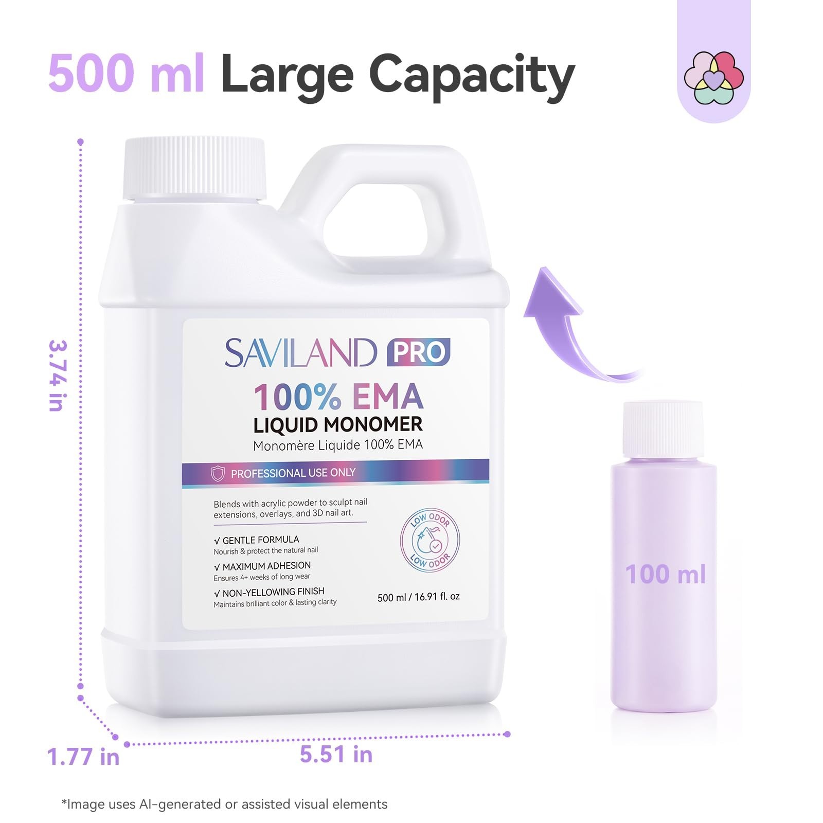 500ml Low Odor Acrylic Nail Liquid, Pure EMA Monomer + 3 Brushes, Non-Yellowing,