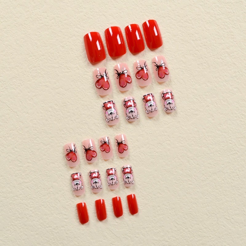 48PCS Cute Kawaii Bear Heart Bow Nail Reusable Fake Nail Art