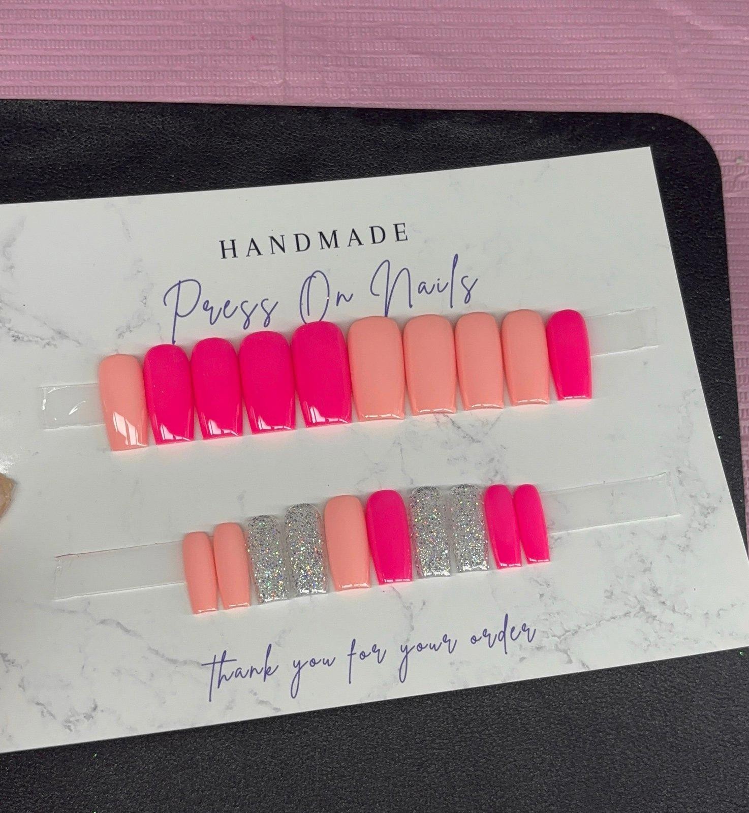 Medium square Press on nails silver glitter neon pink peach handmade gel