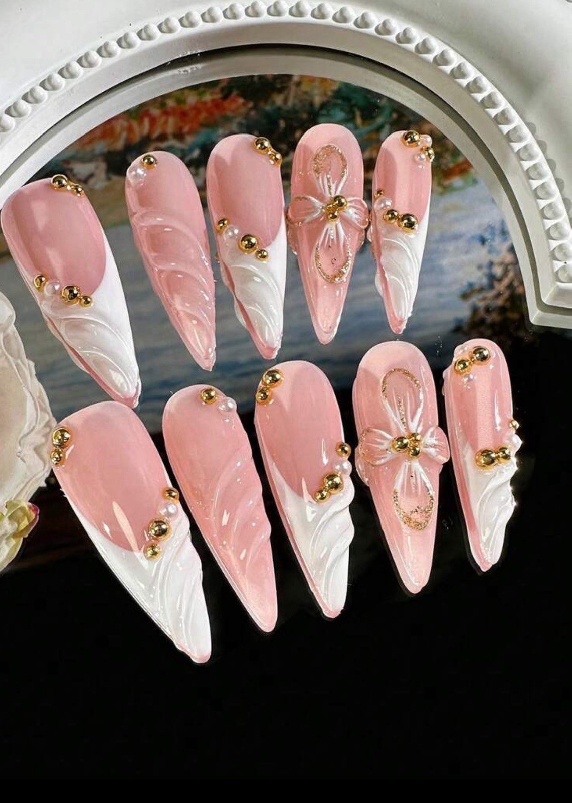ENEN Medium Almond Pink White Gold 3D Flower Press-On Nails Self-Adhesive