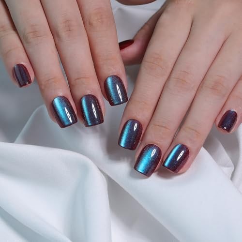 Teal Blue Cat Eye Press On Nails – Square Fake Nails with M11 Galaxy Blue