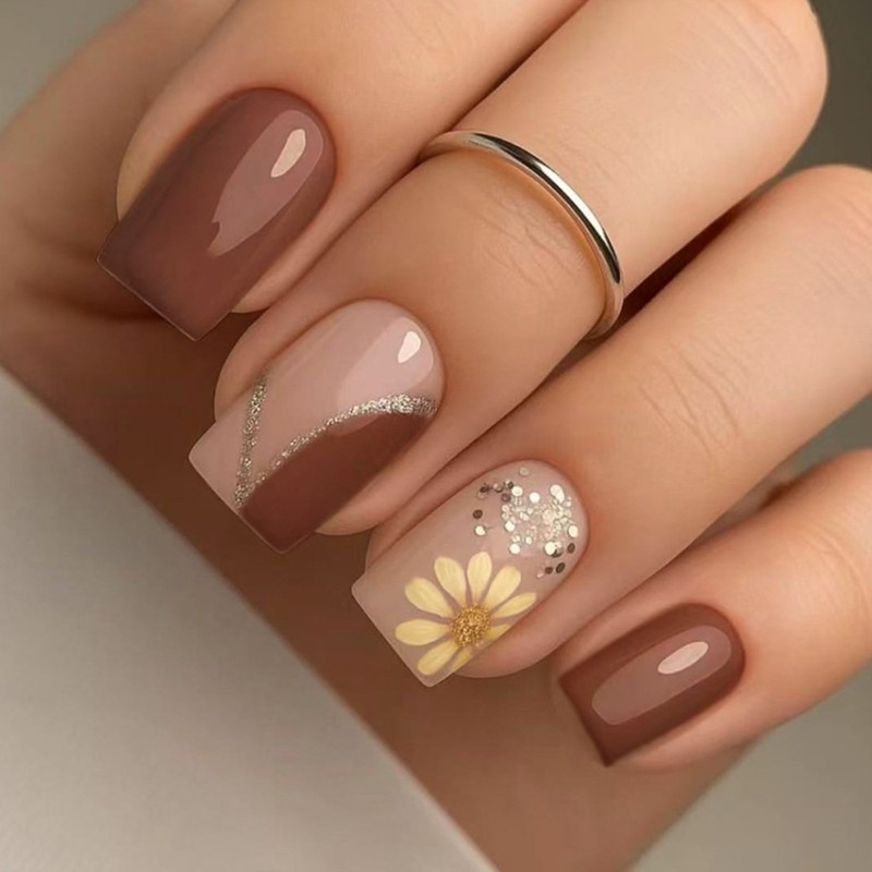 Press On Nail Coffee Color Botanicals Art Office To Evening Wears