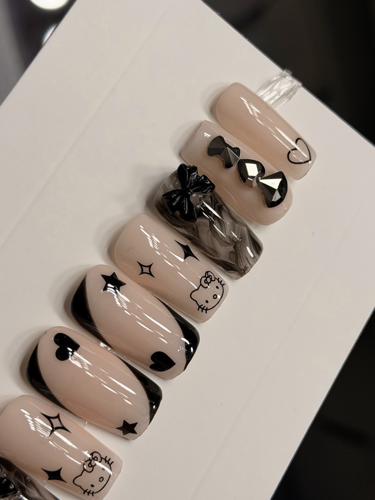 ✨ CUSTOM Press On Nails Nude BLACK HELLO KITTY BLING BOW 10p SET W Kit