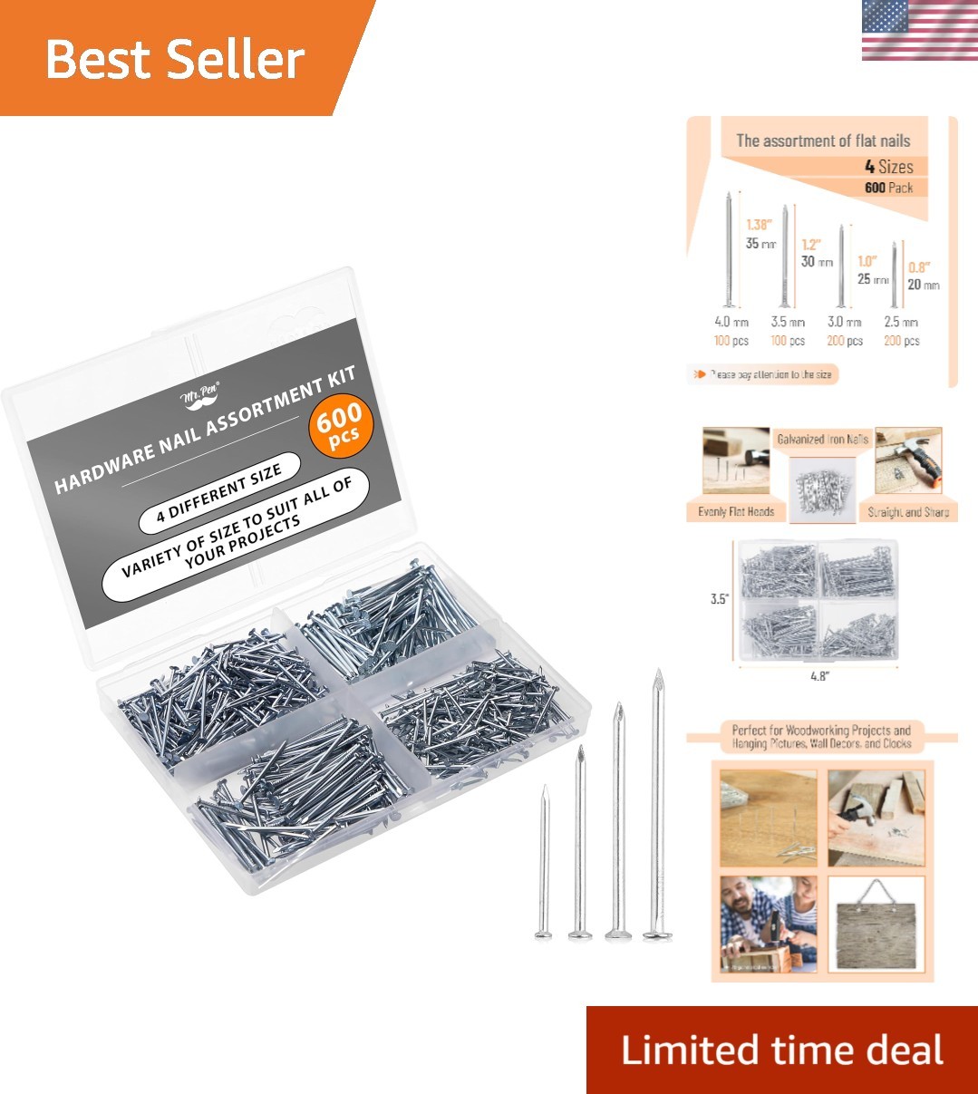 Quality Silver Nail Set – 600 Pcs in 4 Sizes for Picture Hanging & DIY Projects