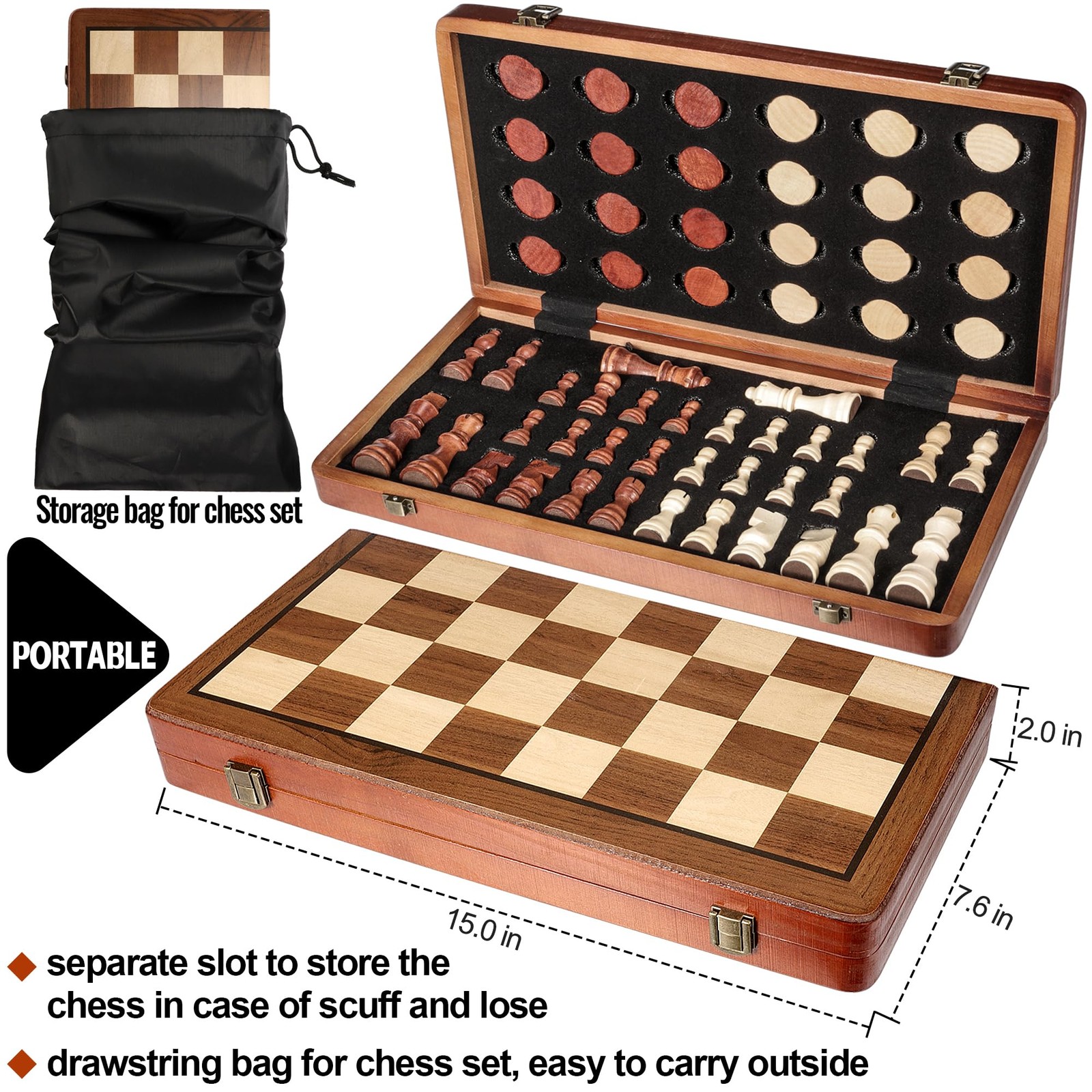 2 in 1 Wooden Chess and Checkers Set – Folding Magnetic Board with…
