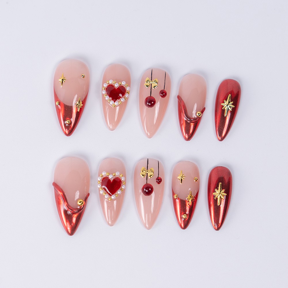 Handmade Stiletto Nails Red Pink Heart Star 3D Shiny Fake Nails for Valentine’s