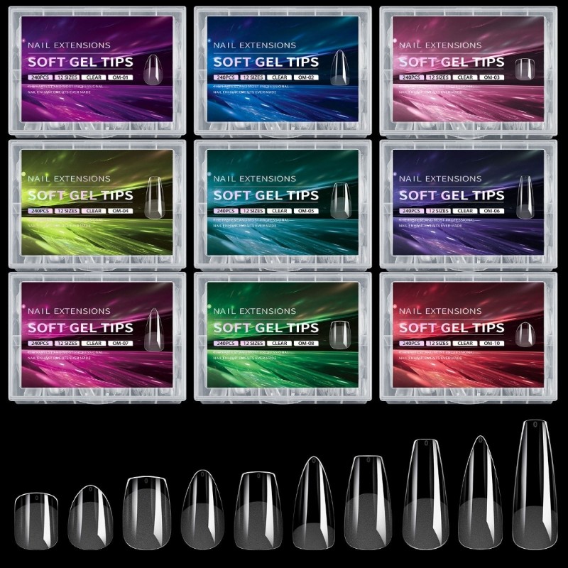 Almond Nail Tips 240pcs Clear Gel Full Cover 12 Sizes with Storage Box