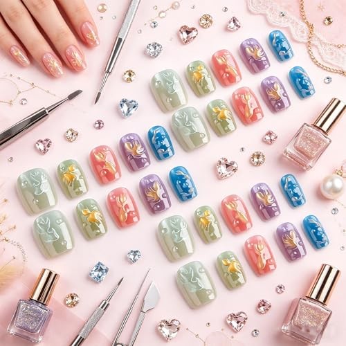 Press on Nails with Embossed Koi Fish Design Glossy Multicolor Fake 3D Goldfish