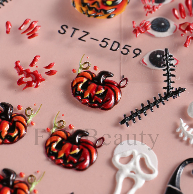 Nail Art Sticker Halloween Eye Blood Skull Skeleton Pumpkin 5D Embossed DIY NS40
