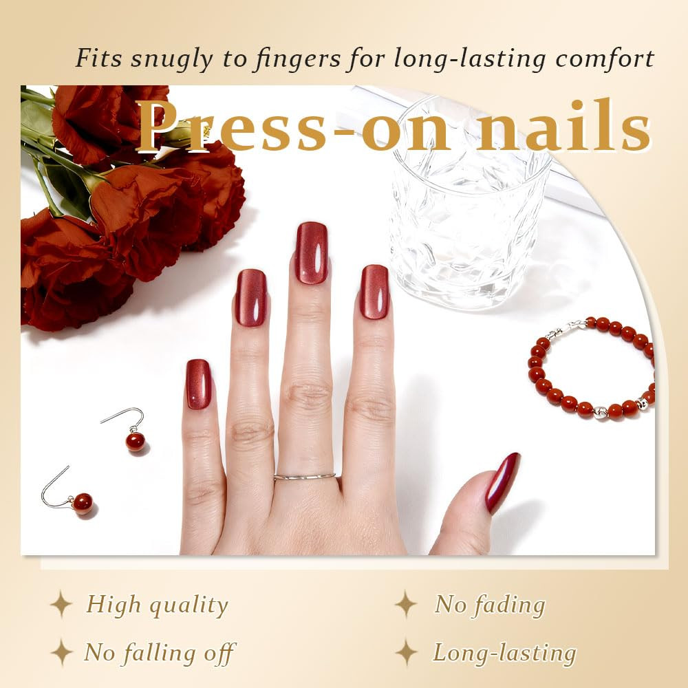 Red Cat Eye Press on Nails Medium Square, Medium Square Press Stick on Nails Chr