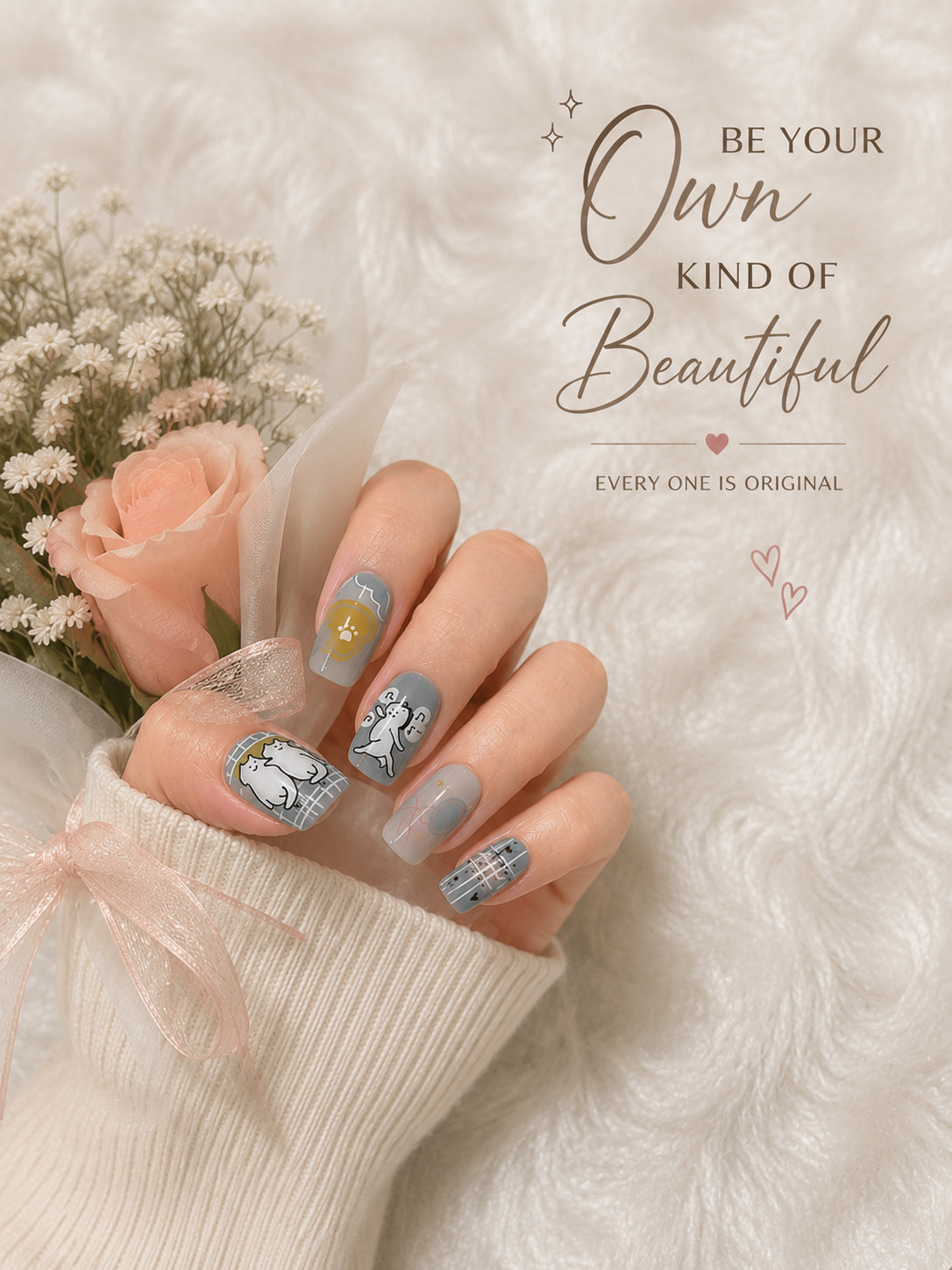 Dusty Grey Blue Cartoon Animal Press-On Nails – Glossy Full Cover – Small