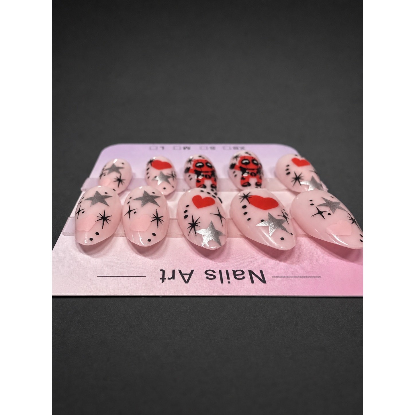 Pink Heart Antihero Comic Character Press On Glue On Nails Handmade Almond Shape