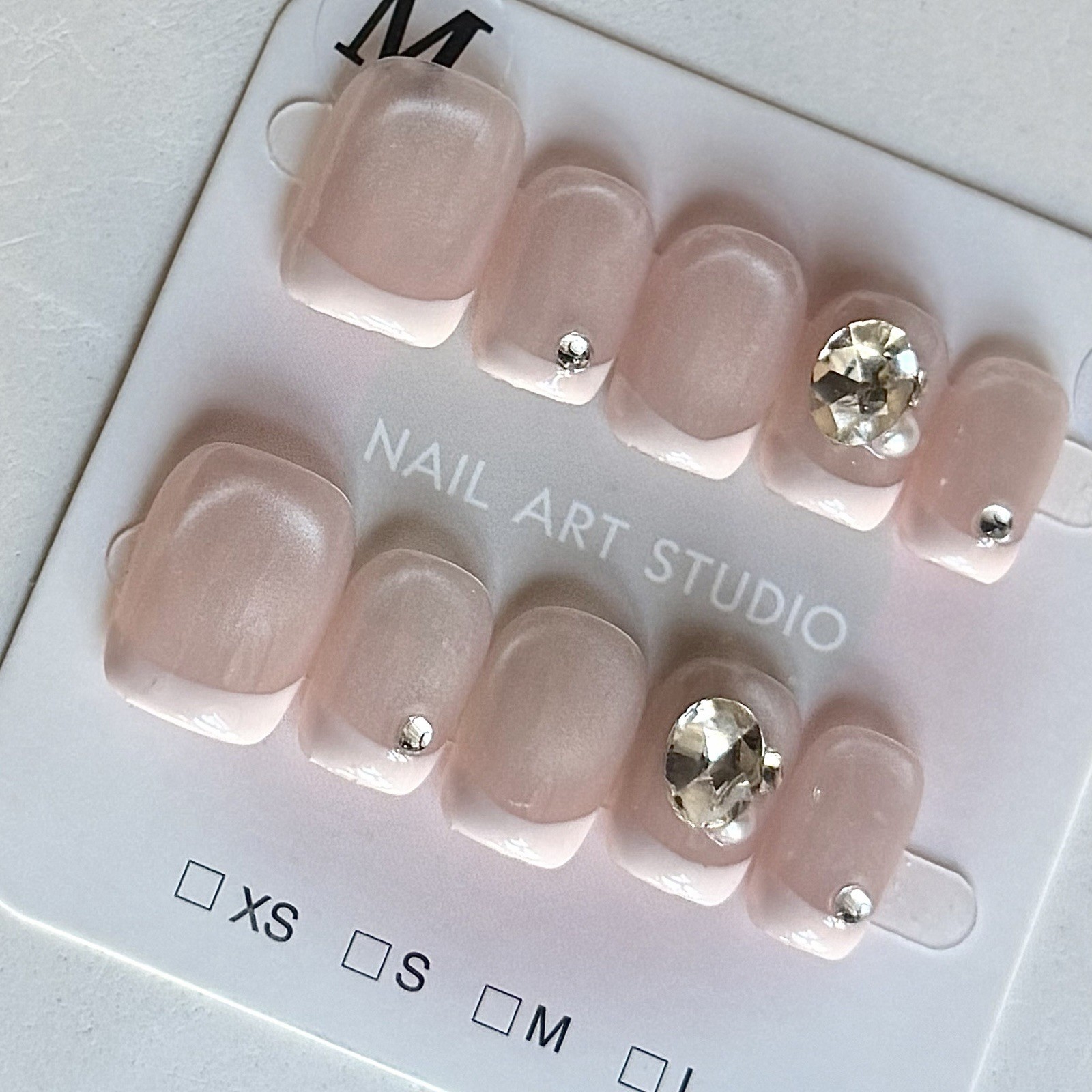 Handmade White French Tip Press-On Nails Short Square Size M Reusable Fake Nails