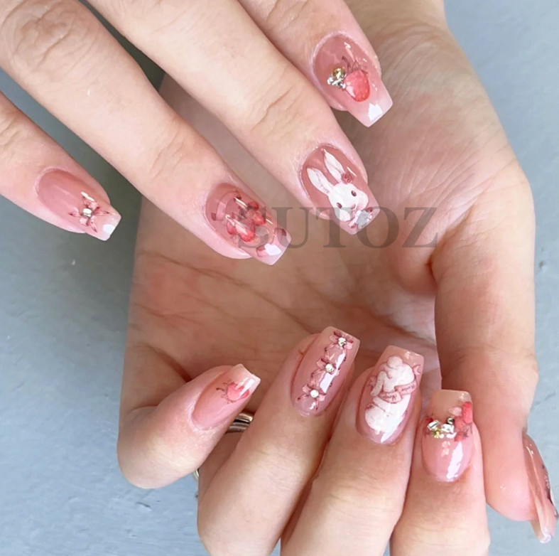 Nail Art Cute Girl Pink Bunny Animal Ribbon Sticker Rabbit Flower Manicure NH21