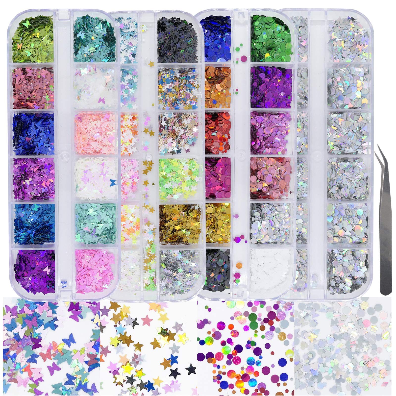 4 Boxes Holographic Nail Sequins Shapes Mixed Iridescent Nail Glitter Flakes …