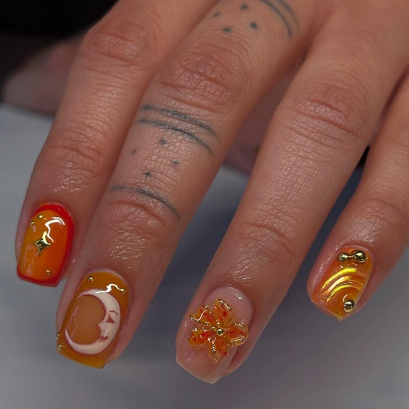 48 Pieces of Orange Red Sun and Moon Cartoon 3D Relief Removable Fake Nail Art