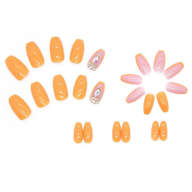 48Pcs-Orange Pink Two-tone Teardrop Rhinestone Medium Coffin Press on Nails