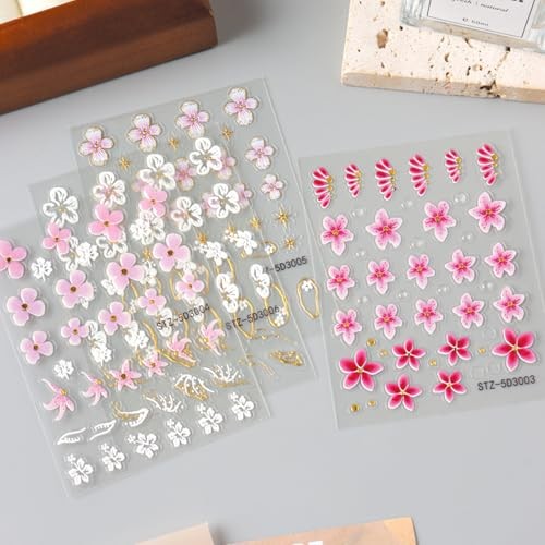 4Sheets Flower Nail Art Stickers Decals 5D Embossed Flowers Sticker Flower-2