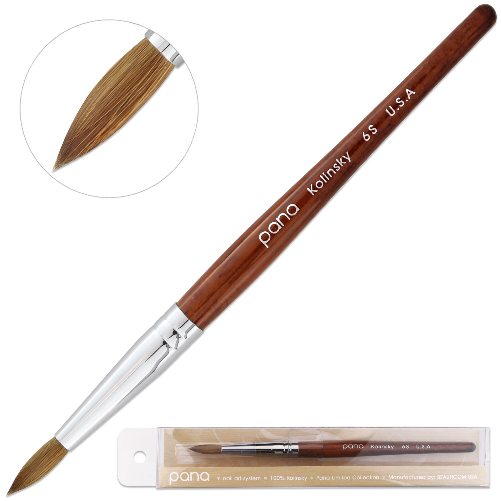 Pana USA Acrylic Nail Brush 100% Pure Kolinsky Hair Mahogany Wood Handle -Size 6