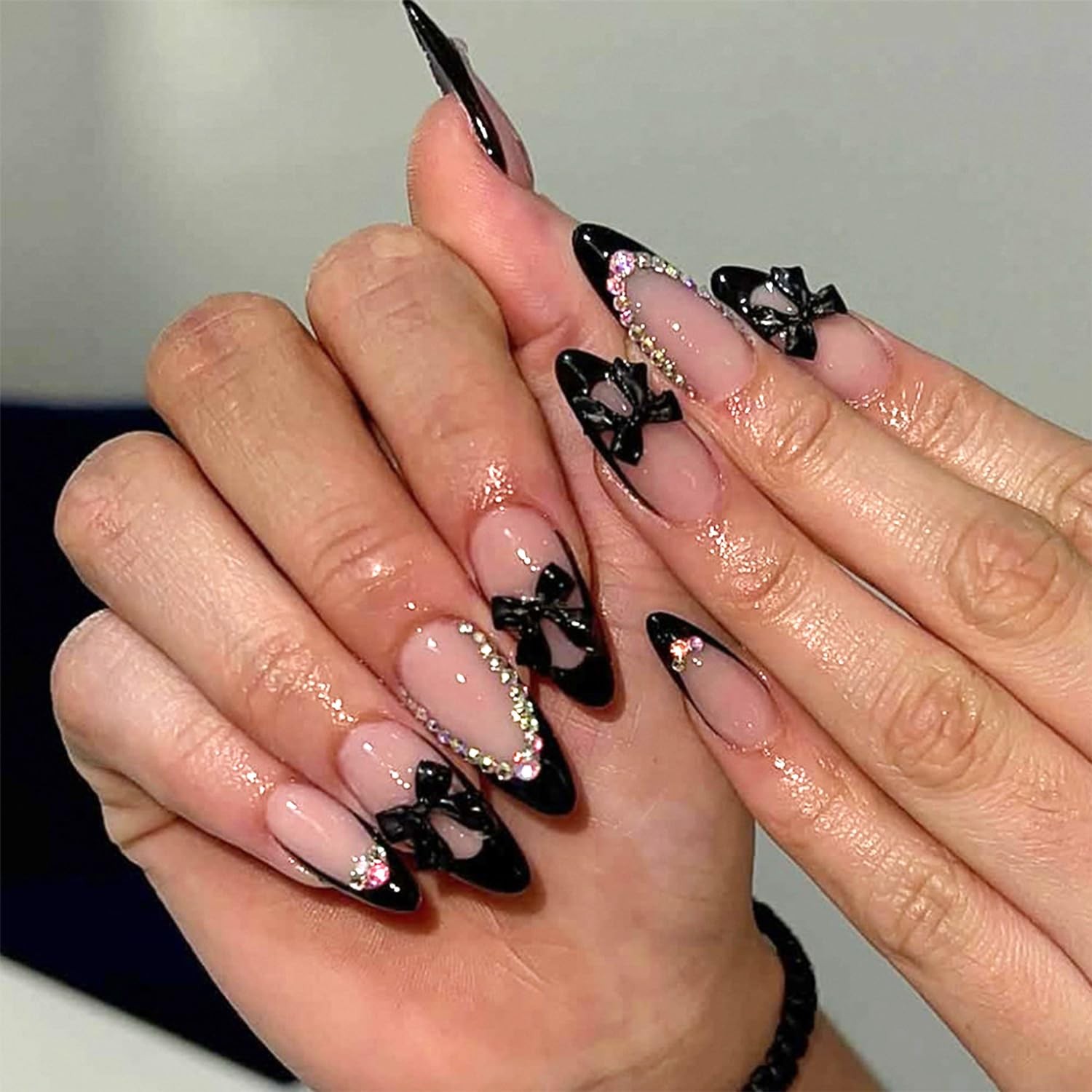 Black French Tip Press on Nails Medium Almond False Nails 3D Bow Full Cover G…