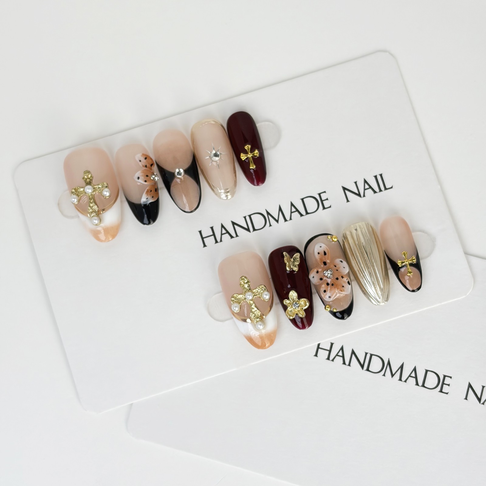 Sweet Gothic Rococo Press-On Nails with Pearl Cross & Metallic Accents Almond