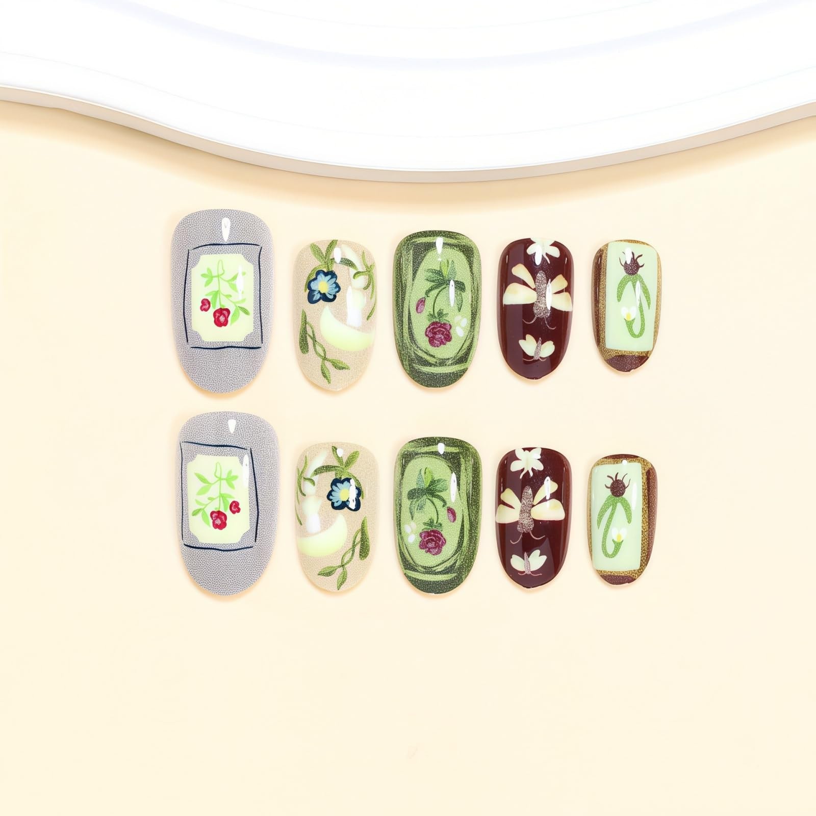 Vintage Botanical Press on Nails Short Oval Fake Nails Oil Painting False Nai…