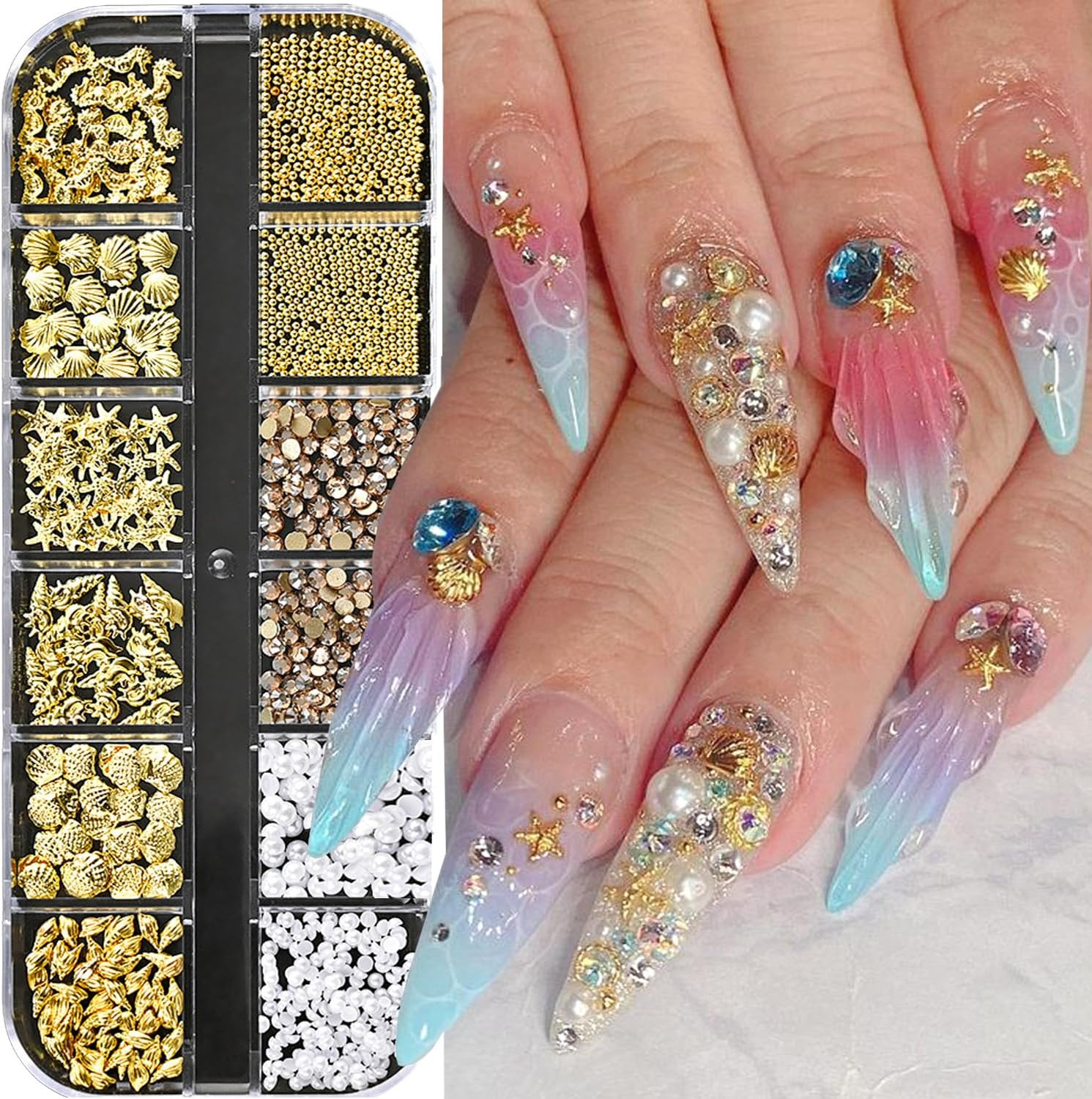 12Grids Summer Metal Nail Art Charms 3D Gold Starfish Shell Conch Nail Charms Sp