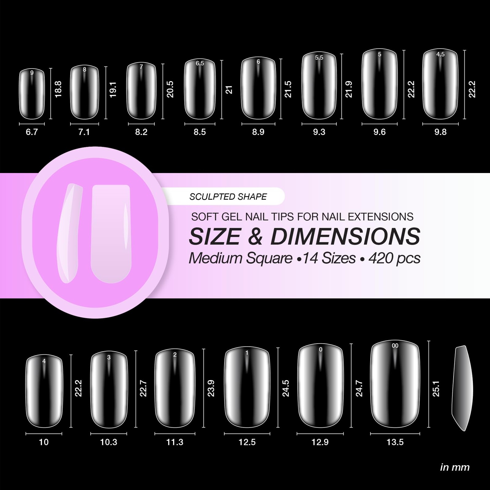 Sculpted Medium Square Nail Tips 420Pcs, Soft Gel 14 Sizes